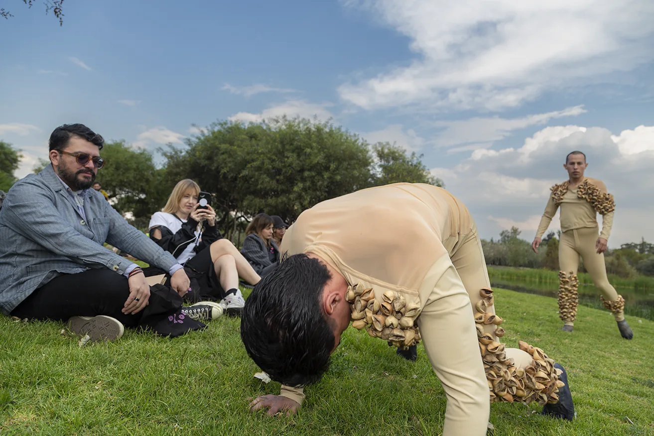 Performer crawling through the grass as the public watches, Aki Aora 2025