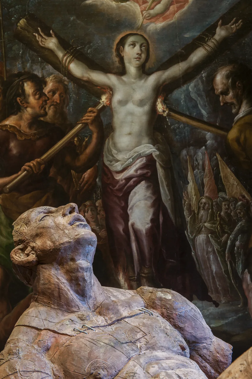 Sculpture head with classical painting backdrop