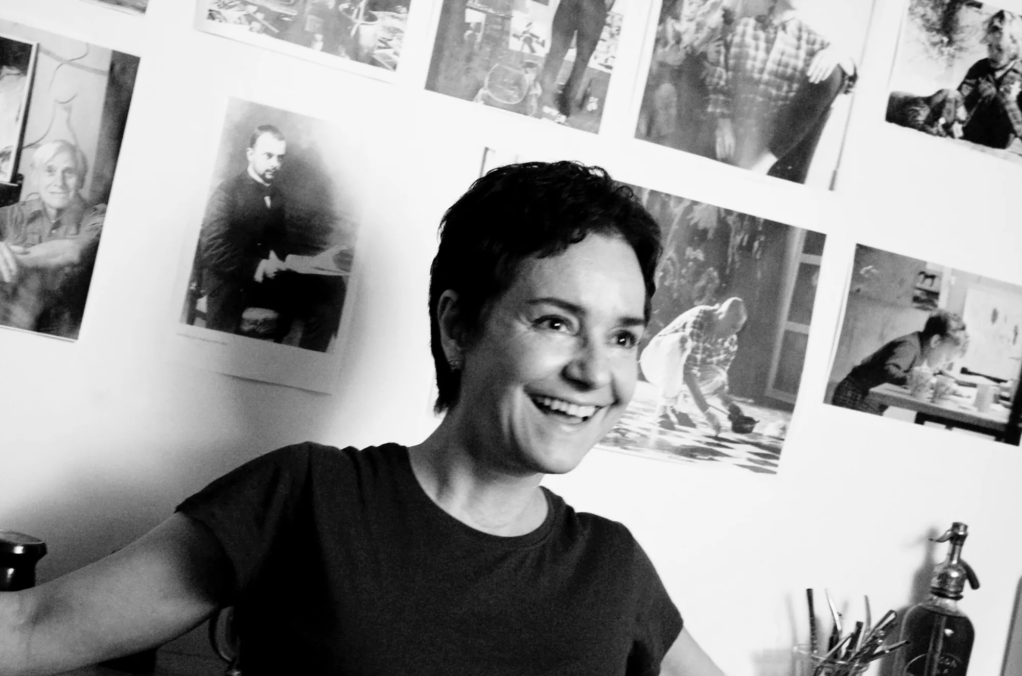Portrait of a woman laughing, black and white