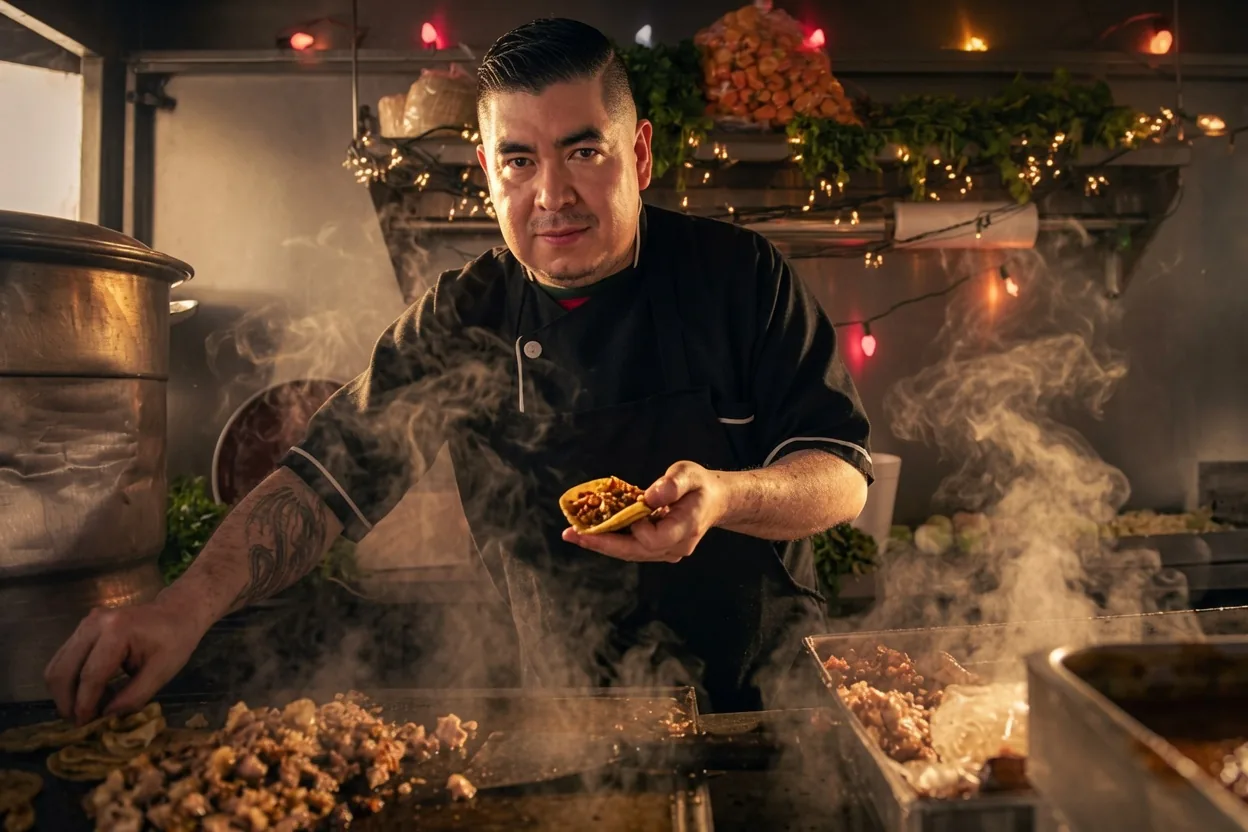 Taquero offering a taco through the smoke