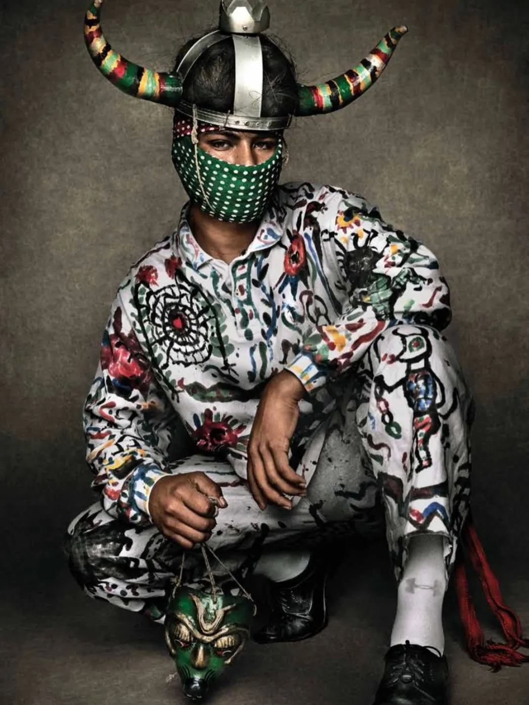 Painted mask costume with helmet horns
